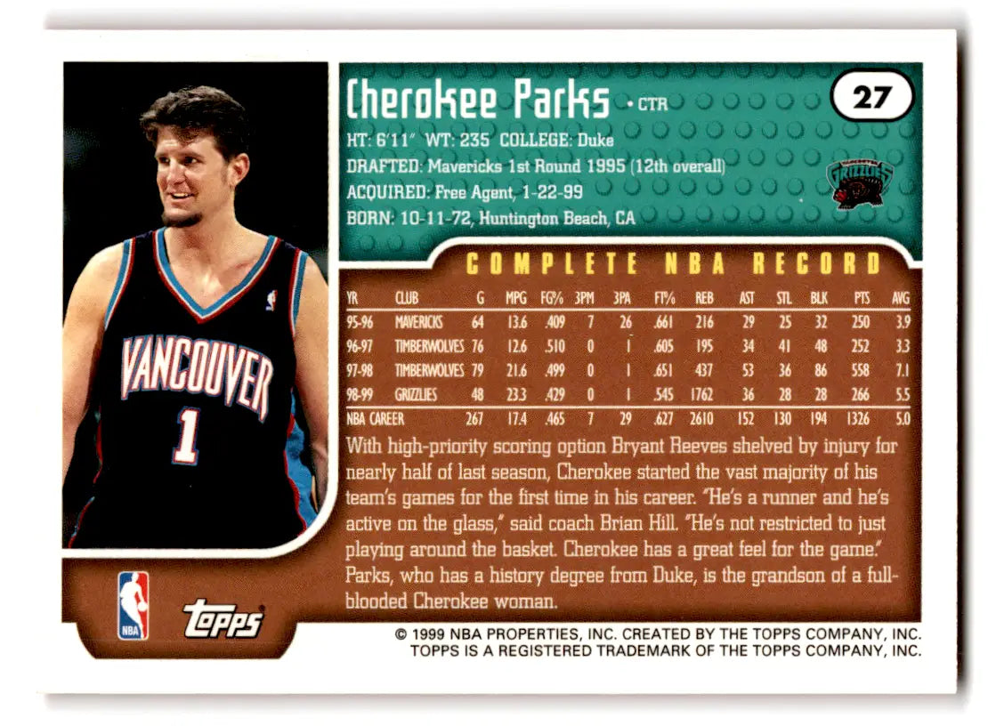 1999-00 Topps Cherokee Parks #27 Vancouver Grizzlies basketball card display image