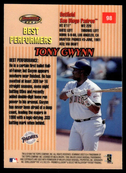 Baseball card of Tony Gwynn from 1998 Bowman’s Best, San Diego Padres outfielder