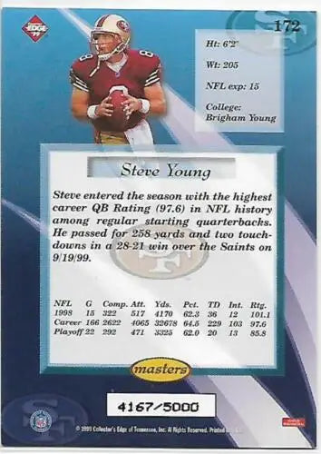 Football trading card of Steve Young, 49ers QB, original gloss, collectible quality