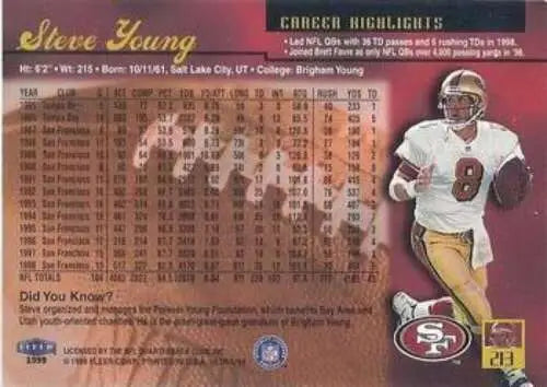 1999 Fleer Ultra #213 Steve Young football card in near mint condition with original gloss