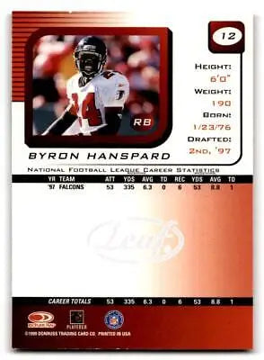 Byron Hanspard trading card from 1999 Leaf Rookies & Stars #12 collectible set