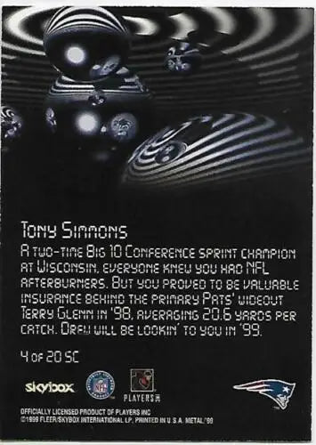 Football card back of 1999 Skybox Metal Universe Starchild Tony Simmons with original gloss