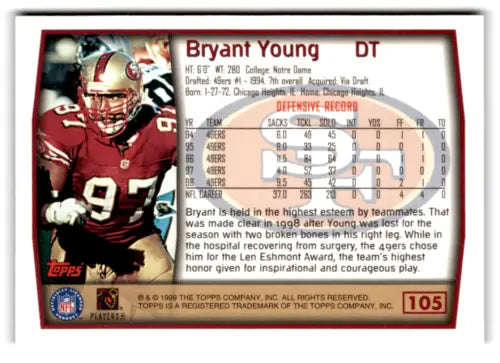 Bryant Young 1999 Topps #105 football card in original gloss, NM Mint 49ers