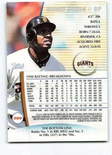 1999 Topps Stadium Club #280 Barry Bonds baseball card with original gloss Giants ID:59200