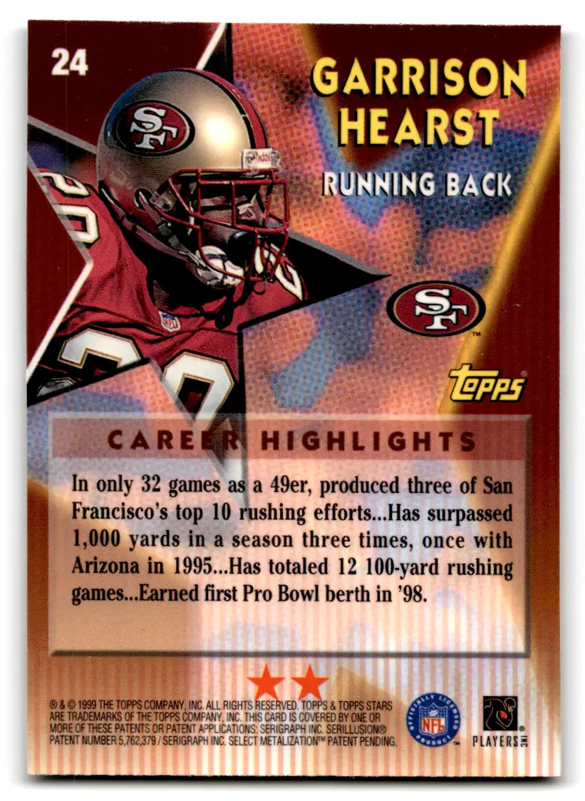 1999 Topps Stars #24 Garrison Hearst football card with original gloss and rarity