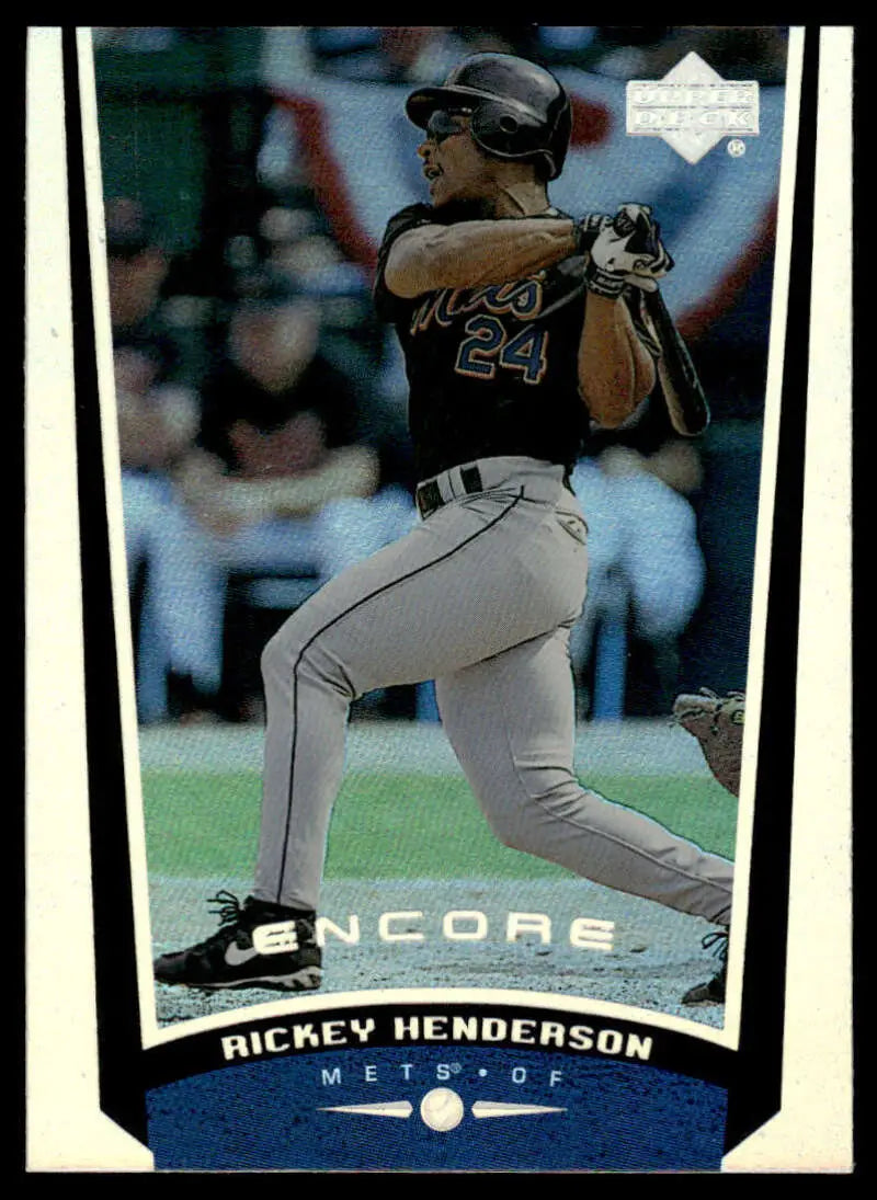 Baseball card of Rickey Henderson in batting stance for New York Mets from Upper Deck