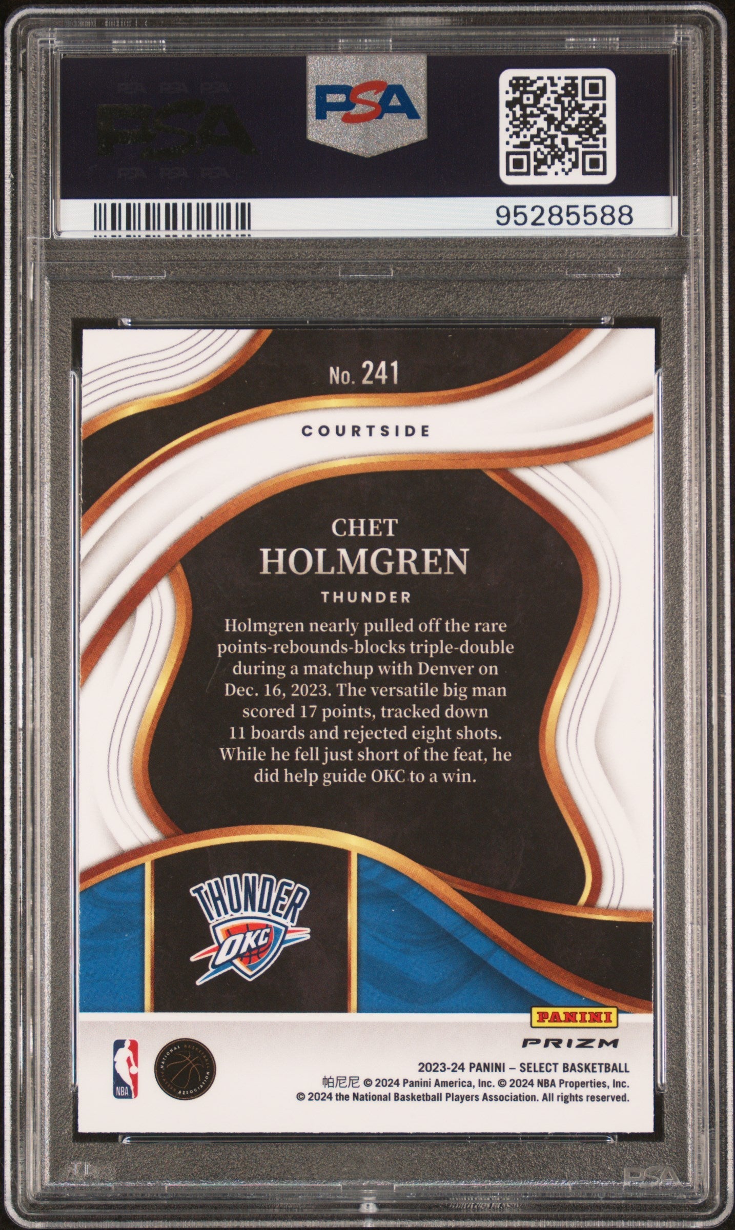 Back side of Chet Holmgren 2023 Panini Select #241 Elephant Prizm PSA 10 card