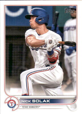 Baseball card of Nick Solak in a Texas Rangers uniform swinging a bat