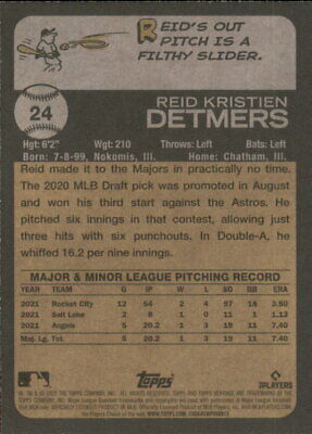 Baseball card featuring Reid Detmers rookie stats for Los Angeles Angels Topps Heritage