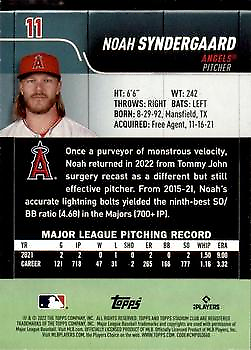 Baseball card of Noah Syndergaard in 2022 Stadium Club Red Foil for Los Angeles Angels