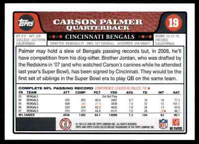 Carson Palmer NFL trading card showcasing statistics for Cincinnati Bengals #19