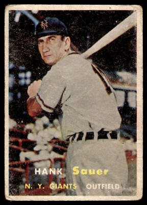 Vintage baseball card of Hank Sauer in batting stance, 1957 Topps #197 trading cards