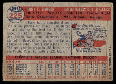 1957 Topps #225 Harry Simpson baseball card featuring career highlights and statistics