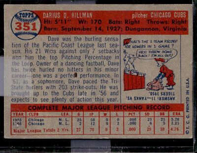 1957 Topps baseball card featuring Dave Hillman, Cubs pitcher, with stats and bio