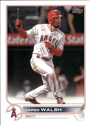 Baseball card of Jared Walsh in Los Angeles Angels uniform at bat for 2022 Topps