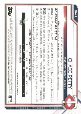 Back of 2021 Bowman Draft BD49 Chase Petty card with Minnesota Twins player stats