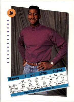 Person in burgundy sweater and blue jeans with Kenny Gattison Charlotte Hornets card