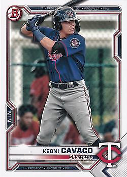 Baseball card of Keoni Cavaco in a batting stance for Minnesota Twins Bowman Prospects