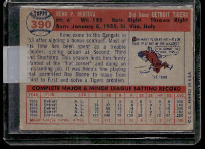 Vintage 1957 Topps trading card of Reno Bertoia with stats and cartoon illustration