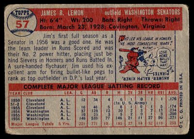 Vintage 1956 Topps Jim Lemon baseball card from Washington Senators trading cards коллекция