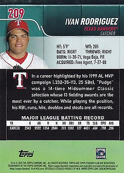 Baseball trading card of Ivan Rodriguez in Texas Rangers Stadium Club Red foil design