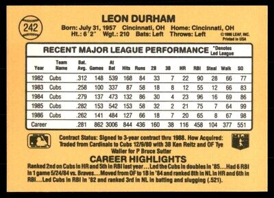 Baseball card featuring Leon Durham career stats 1982-1986 text-align center design