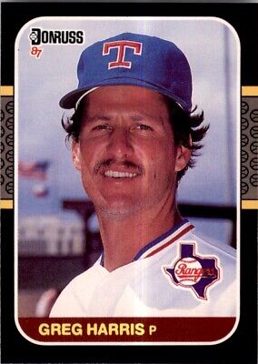 1987 Donruss Greg Harris Texas Rangers #382 baseball card with blue cap text-align center