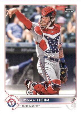 Baseball card of Jonah Heim in Texas Rangers patriotic uniform from 2022 Topps