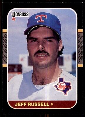 Baseball card of Jeff Russell in Texas Rangers uniform and blue cap, Donruss 1987