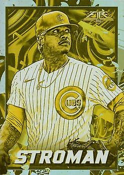 Gold minted Marcus Stroman Chicago Cubs baseball card in white pinstriped uniform