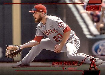 Baseball player in Angels uniform stretching to field ball for Stadium Club Red Foil