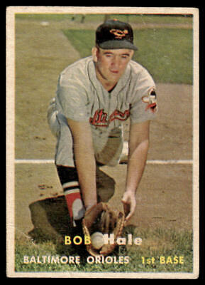 Vintage 1957 Topps baseball card of Bob Hale crouching for the Baltimore Orioles