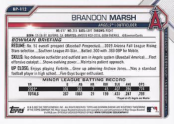 Brandon Marsh 2021 Bowman Prospects baseball card Los Angeles Angels statistics and info