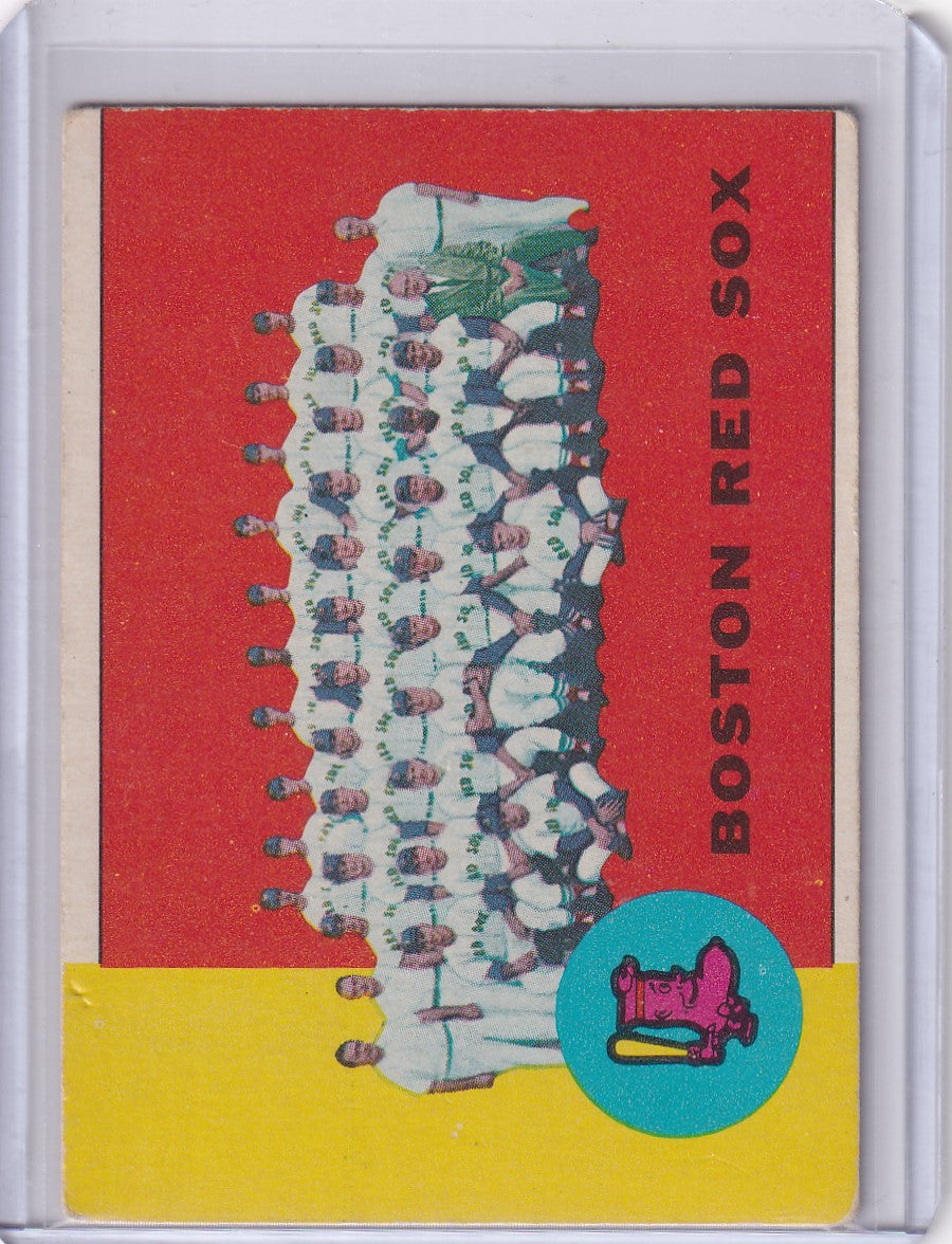 1963 Topps Boston Red Sox team photo card with players in white uniforms