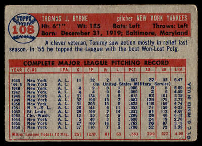 1956 Topps baseball card featuring Tommy Byrne’s stats and biography for trading cards