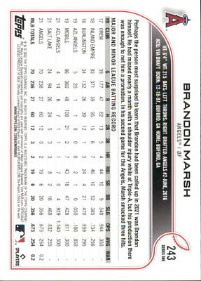 Detailed back view of 2022 Topps #243 Brandon Marsh Rookie card featuring Los Angeles Angels stats