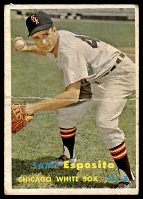 Vintage baseball card of Sam Esposito, White Sox pitcher in gray uniform and striped socks