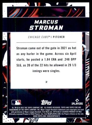 Baseball card of Marcus Stroman showcasing stats for Chicago Cubs 2022 Topps Fire