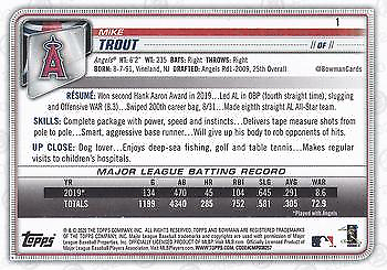 Baseball card featuring Mike Trout statistics for Los Angeles Angels 2020 Bowman #1