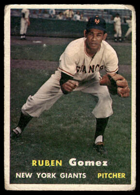 Vintage 1957 Topps trading card of Ruben Gomez in a fielding stance for baseball cards