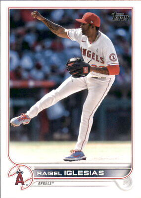 Baseball card of Raisel Iglesias pitching for the Los Angeles Angels in home uniform