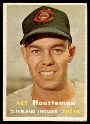 Vintage 1957 Topps #385 Art Houtteman baseball card with Cleveland Indians logo cap