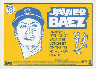 Baseball card of Javier Baez, Chicago Cubs, celebrating Home Run Derby in Topps Heritage