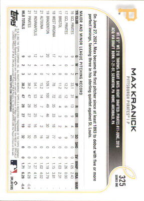 Max Kranick Rookie Pittsburgh Pirates MLB Baseball Card showcasing player statistics