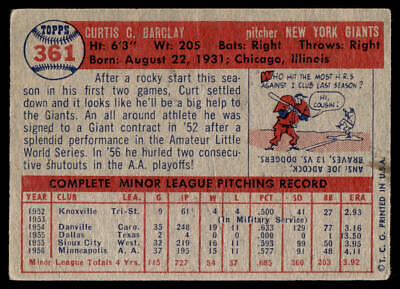 1957 Topps baseball card featuring Curt Barclay of the New York Giants trading cards