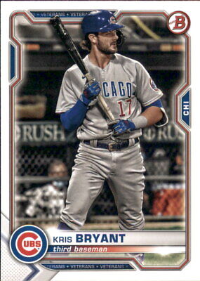 Kris Bryant Chicago Cubs player in gray uniform at bat on 2021 Bowman baseball card