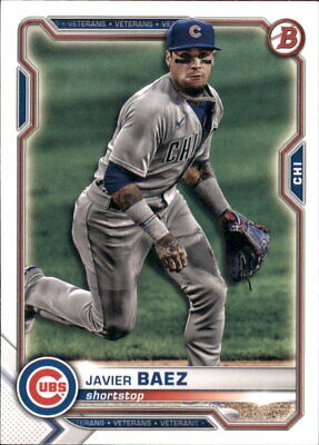 Javier Baez Chicago Cubs baseball card in gray road uniform from 2021 Bowman #88