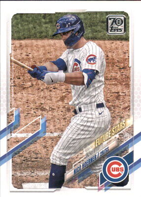 Chicago Cubs player Nico Hoerner at bat in pinstriped uniform, Future Stars card design