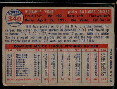 Vintage 1962 Topps #340 Bill Wight baseball card showcasing stats and bio for collectors