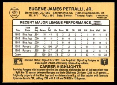 Baseball card featuring Geno Petralli MLB stats and highlights, Texas Rangers #619